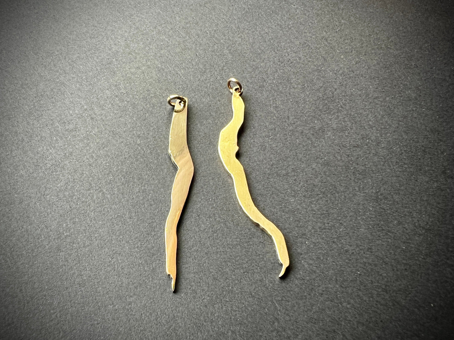 Minimalist brass pendant charm featuring Seneca or Cayuga Lake from the Finger Lakes region, handcrafted and lacquer-coated.