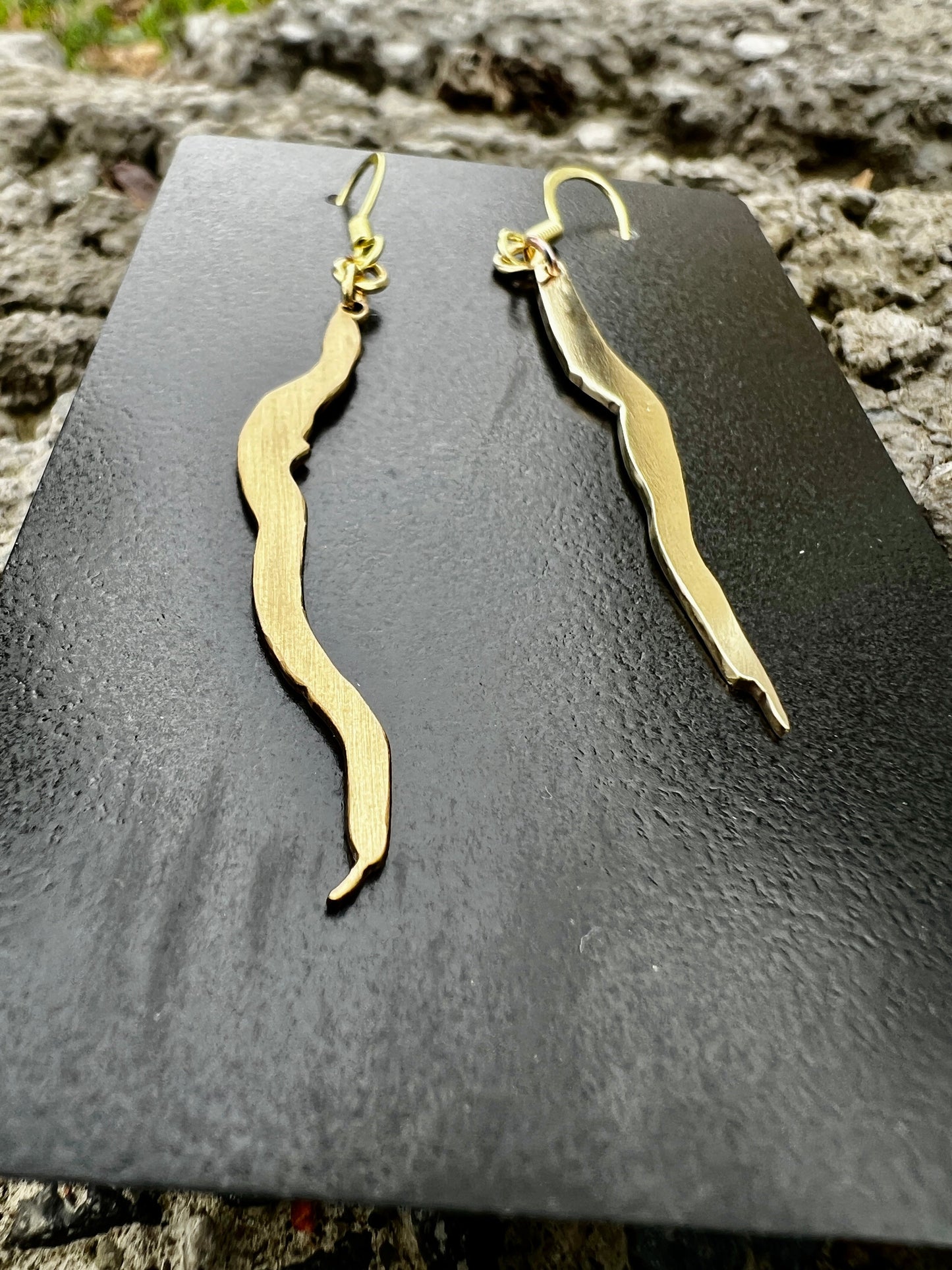 Laser cut brass Finger Lakes earrings featuring Seneca and Cayuga Lake designs with brushed or polished finish