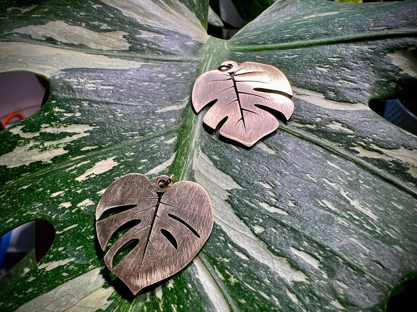 Laser cut Monstera Deliciosa brass leaf pendant in brushed or polished finish