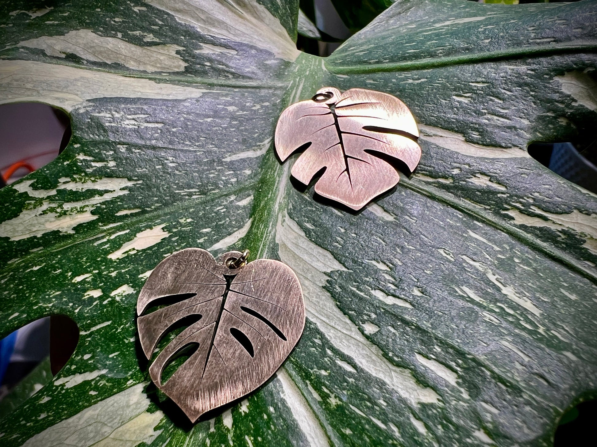 Laser cut Monstera Deliciosa brass leaf pendant in brushed or polished finish