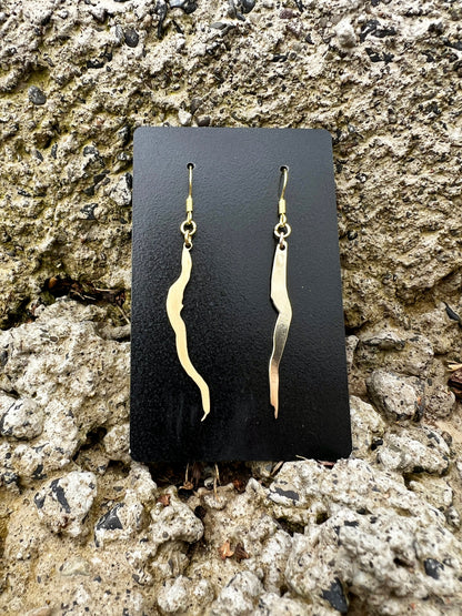 Laser cut brass Finger Lakes earrings featuring Seneca and Cayuga Lake designs in brushed or polished finish