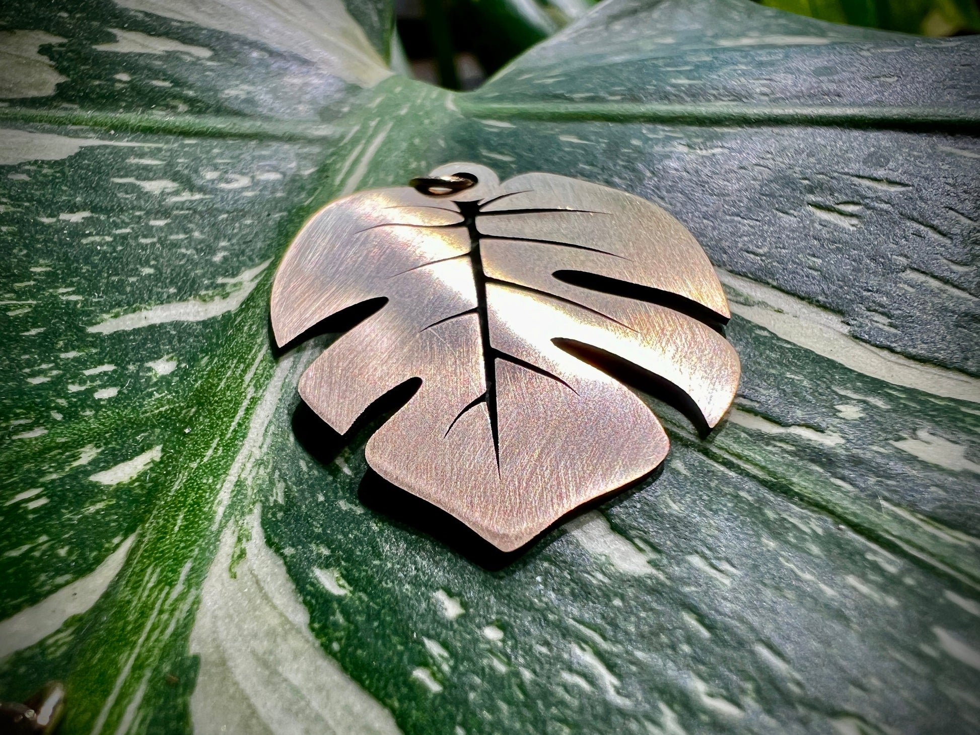 Laser cut brass Monstera Deliciosa leaf pendant in brushed or polished finish