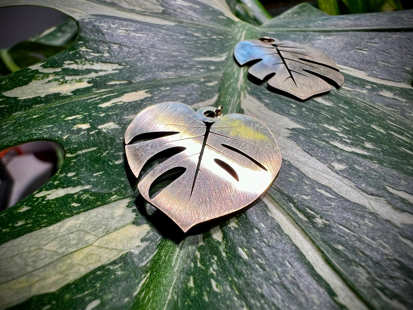 Laser cut brass Monstera Deliciosa leaf pendant in brushed or polished finish