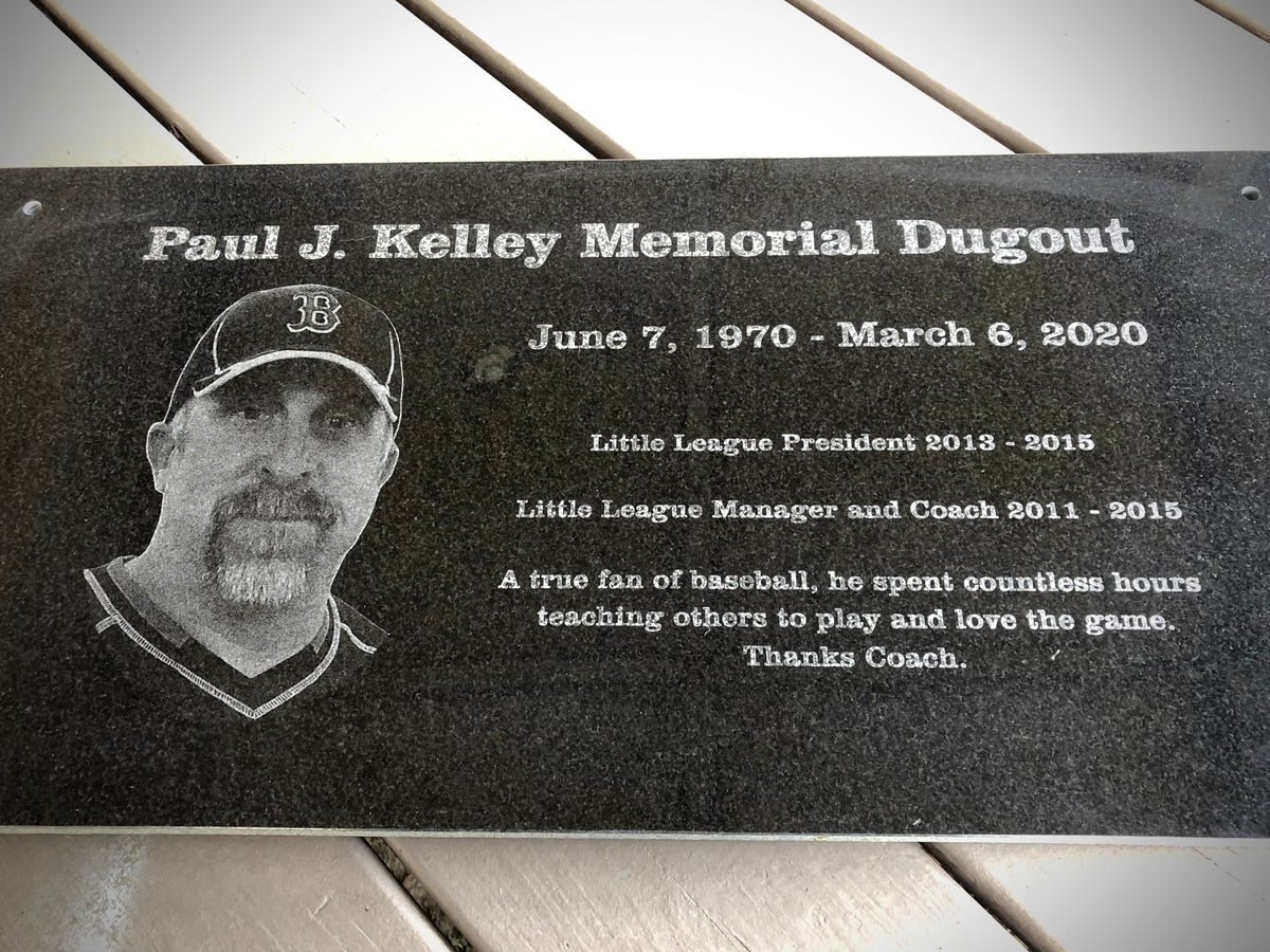 Custom laser engraved black granite memorial plaque with portrait, tribute text, and baseball-themed dedication by Finger Lakes Laser.